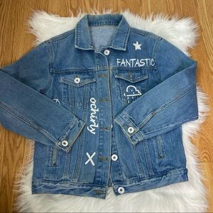 Ochirly Never Give Up Graffiti Denim Jacket Medium Wash Size Medium